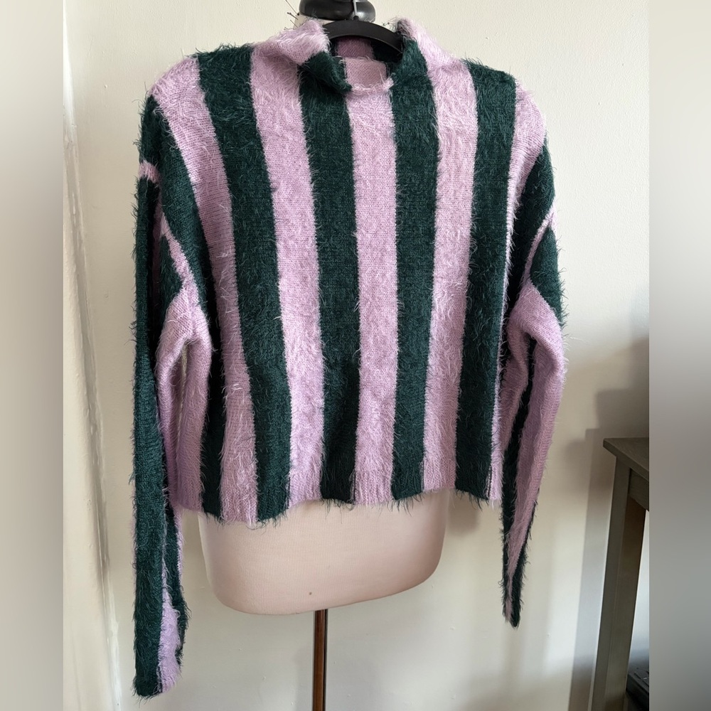 Fuzzy Striped Funnel Neck Sweater